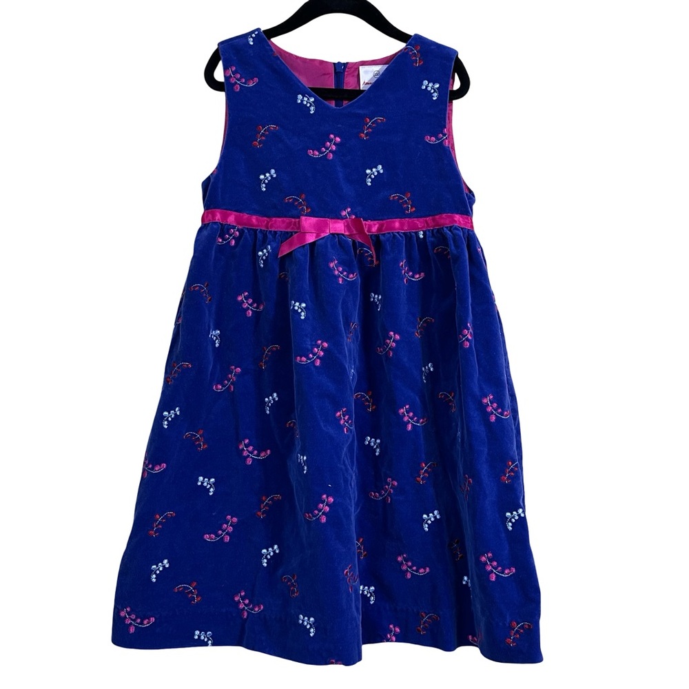 Hanna Andersson Sleeveless Blue Velvet Velour Embroidered Party Dress Size 5